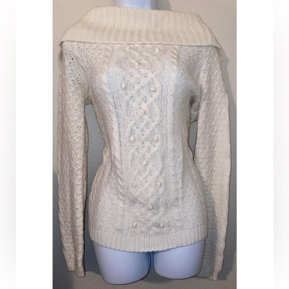White Off-Shoulder Cowlneck Holiday Knitted Sweater